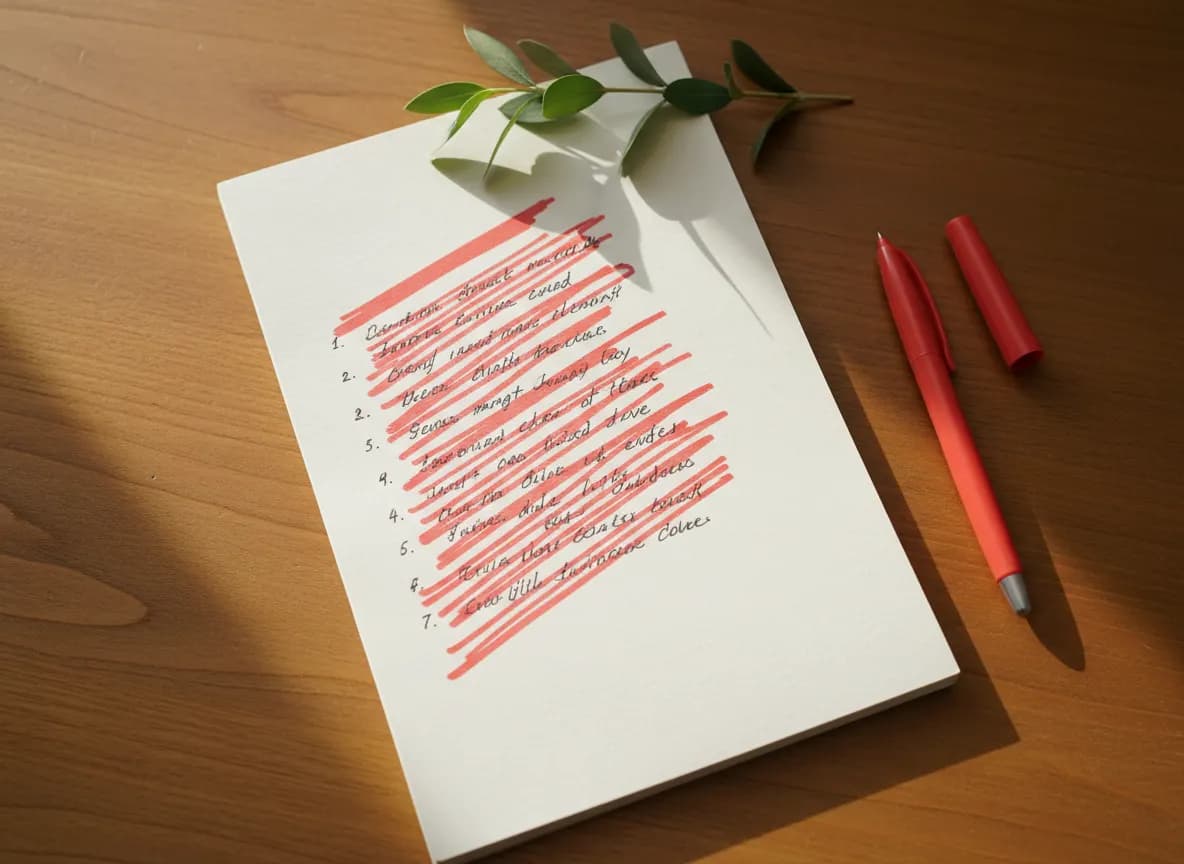 A handwritten list with every line crossed out in coral pen