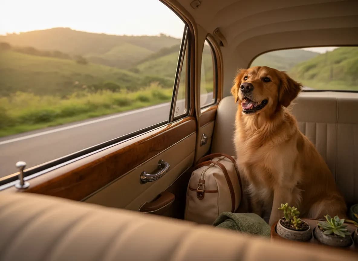 A golden retriever on the back seat of a car on a hill road trip, with a travel bag and towel beside it