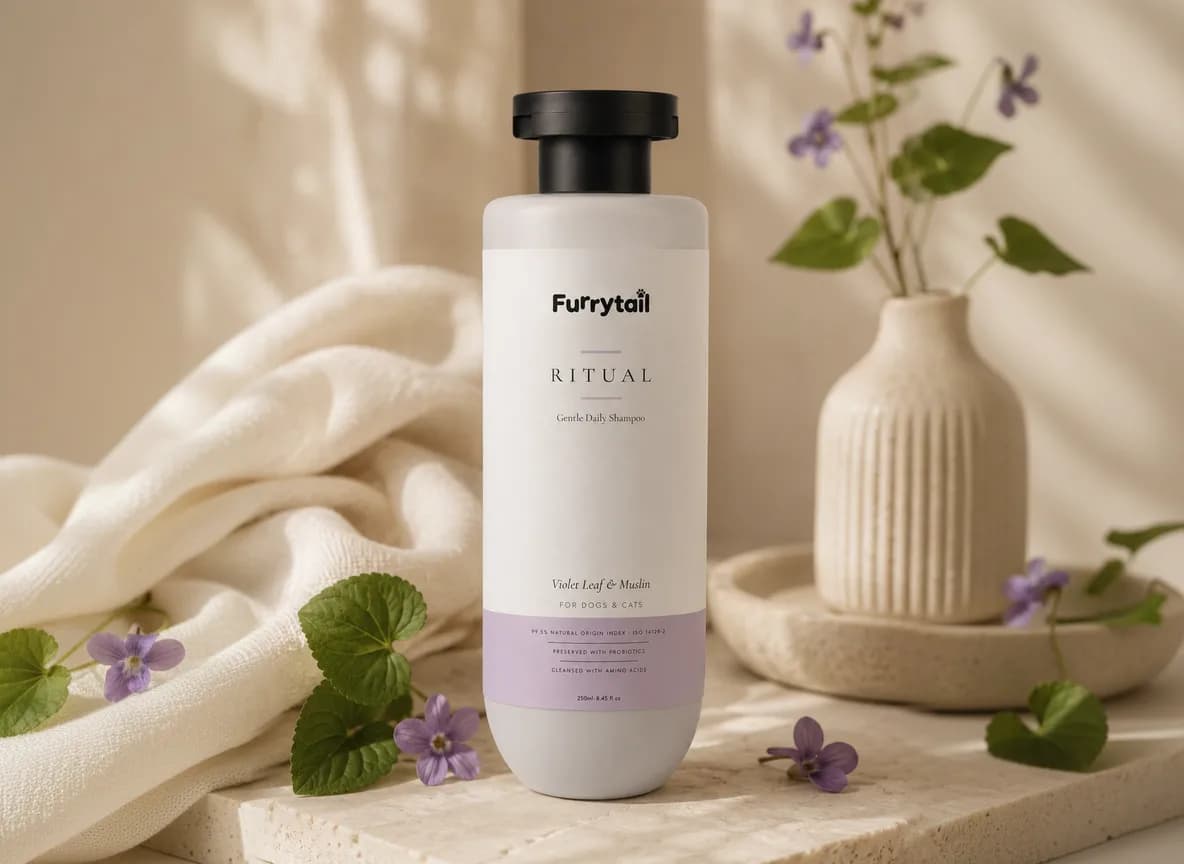 Furrytail Gentle Daily Shampoo beside a folded towel, a ceramic vase and violet leaves