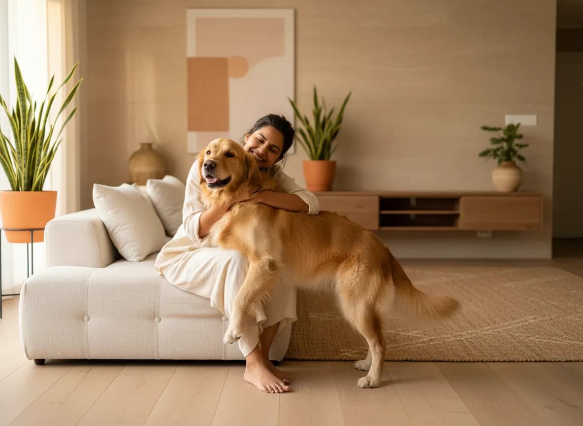 A woman on the sofa hugging her golden retriever, her face buried in its neck