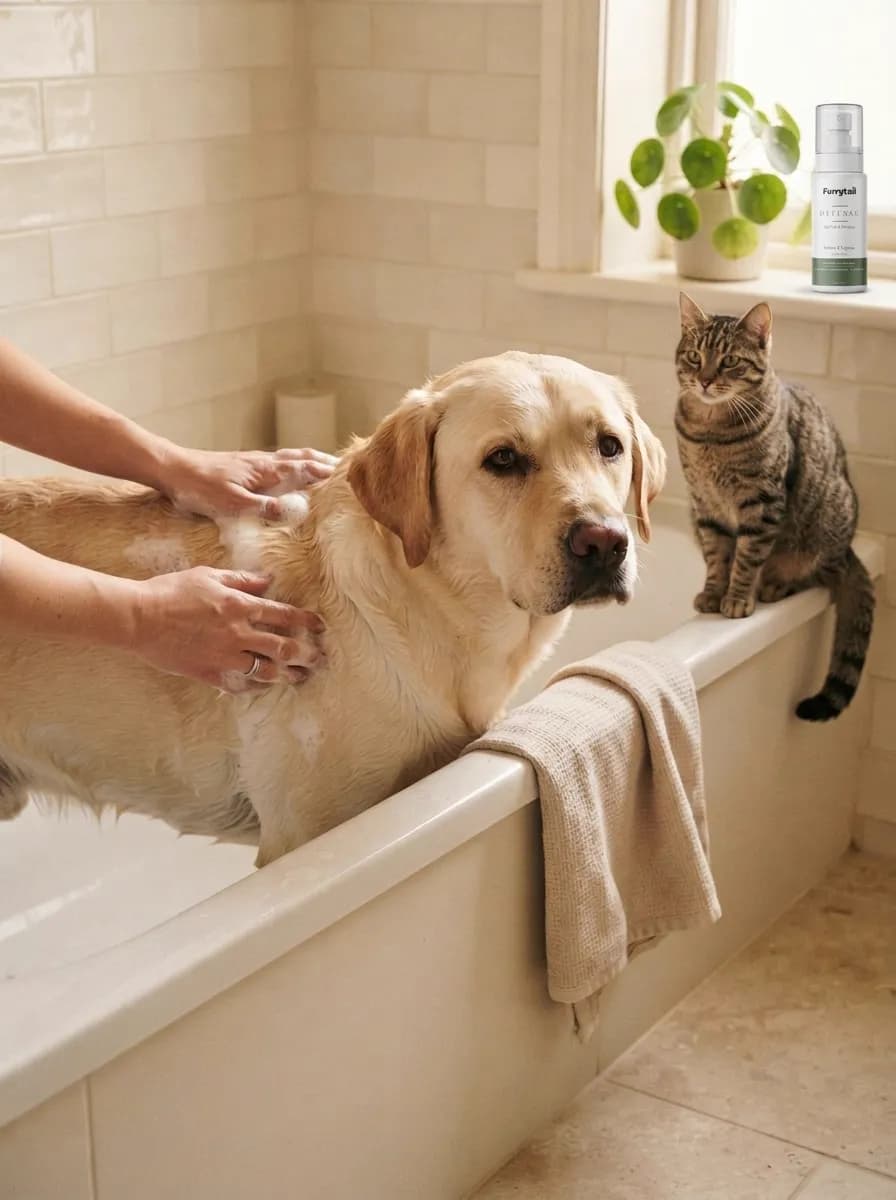 Ritual bath products arranged on a warm surface with a dog and cat