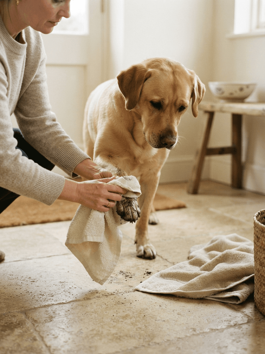 Gentle paw care and remedy products on a linen surface