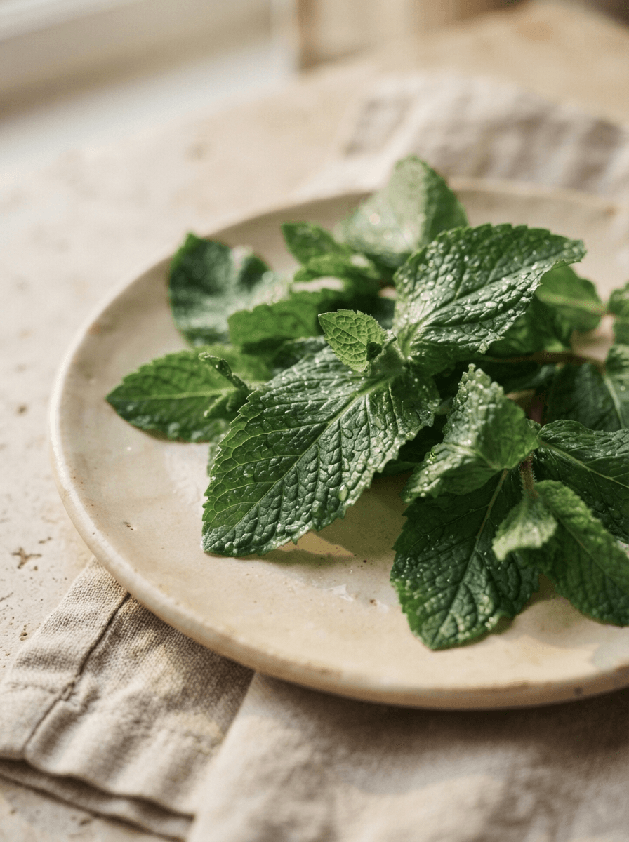 Fresh spearmint leaves with soft natural light