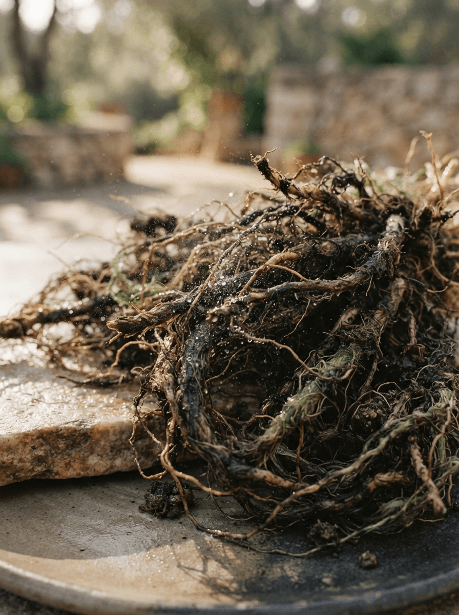 Vetiver grass roots in rich earthy tones