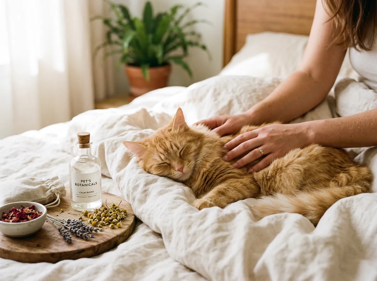 Caring human hands gently stroking a fluffy cat resting on clean linen