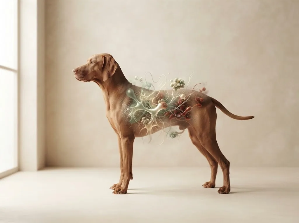 Illustration of a dog in profile with its internal microbial community rendered as a soft translucent bloom