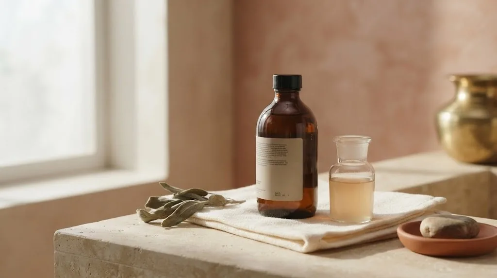 An amber bottle and a small glass vessel of ferment filtrate on a linen cloth beside dried botanicals
