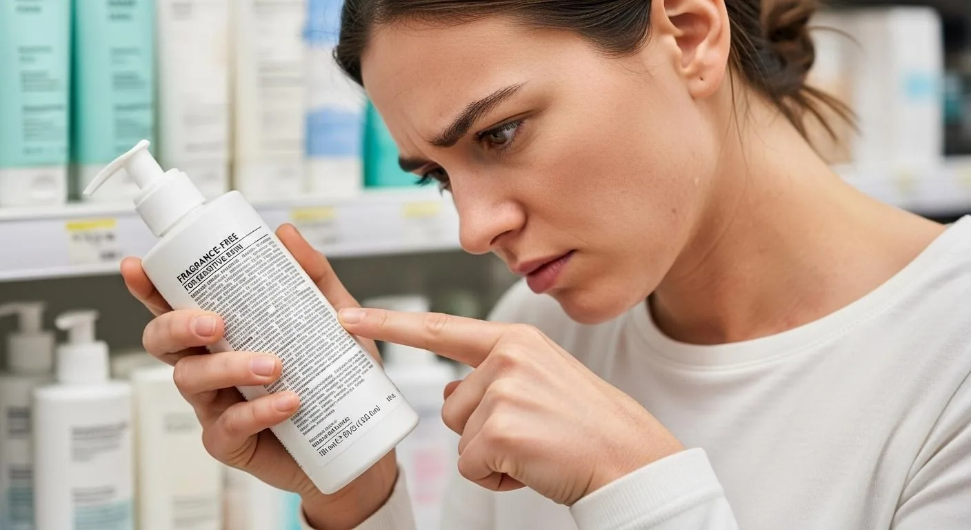 A shopper reading the small print on the back of a product bottle in a store aisle