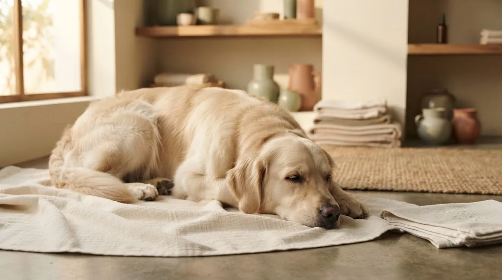 A golden retriever resting on a linen throw in a calm, sunlit room