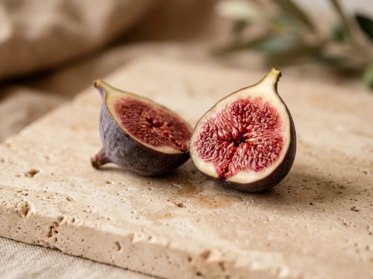 Fresh split fig resting on a warm travertine surface