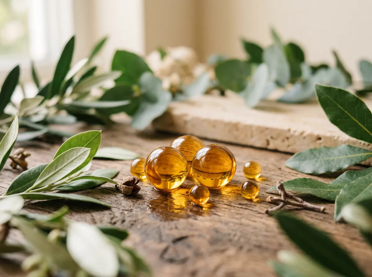 Golden amber oil drops on a natural wood surface