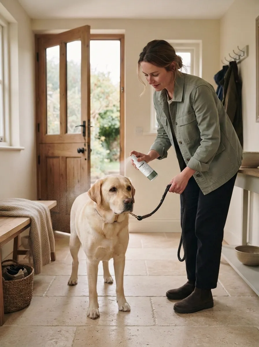 Entry mat with paw care products beside a door with a dog